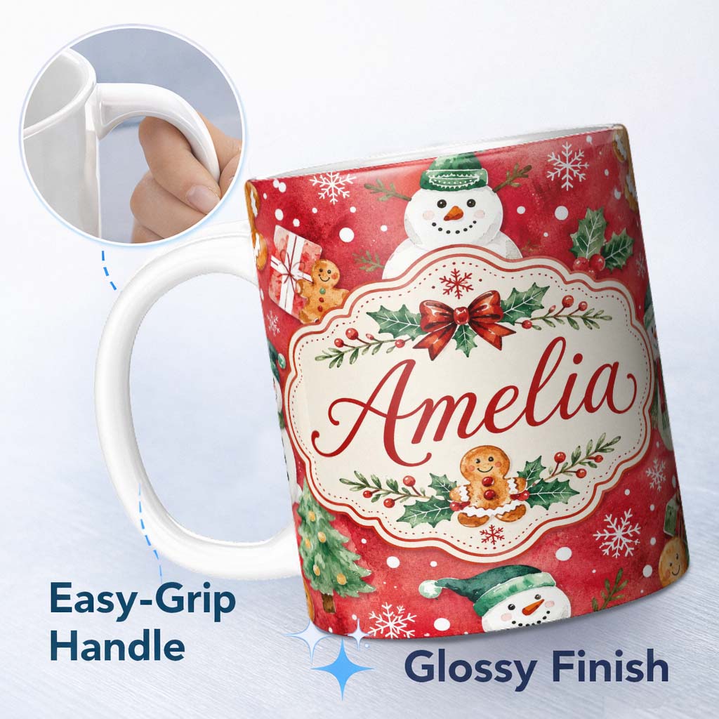 Personalized Custom Name Festive Gingerbread Cookies Gifts Holly Snowflakes Watercolor Lovely 11oz Ceramic Coffee Tea Mug White Large Handle