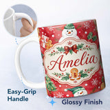 Personalized Custom Name Festive Gingerbread Cookies Gifts Holly Snowflakes Watercolor Lovely 11oz Ceramic Coffee Tea Mug White Large Handle