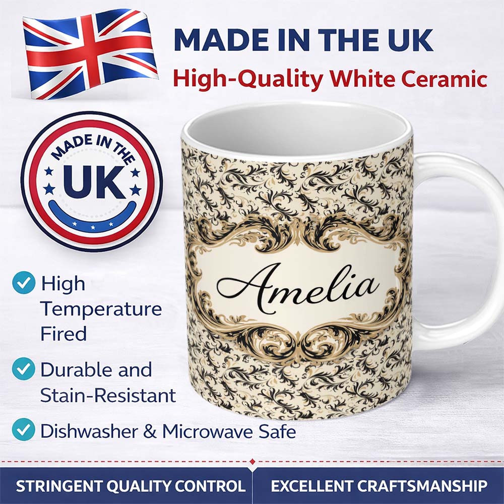 Personalized Custom Name Black Gold Elegant Damask Seamless Pattern Luxury Ornamental Classic 11oz Ceramic Coffee Tea Mug White Large Handle