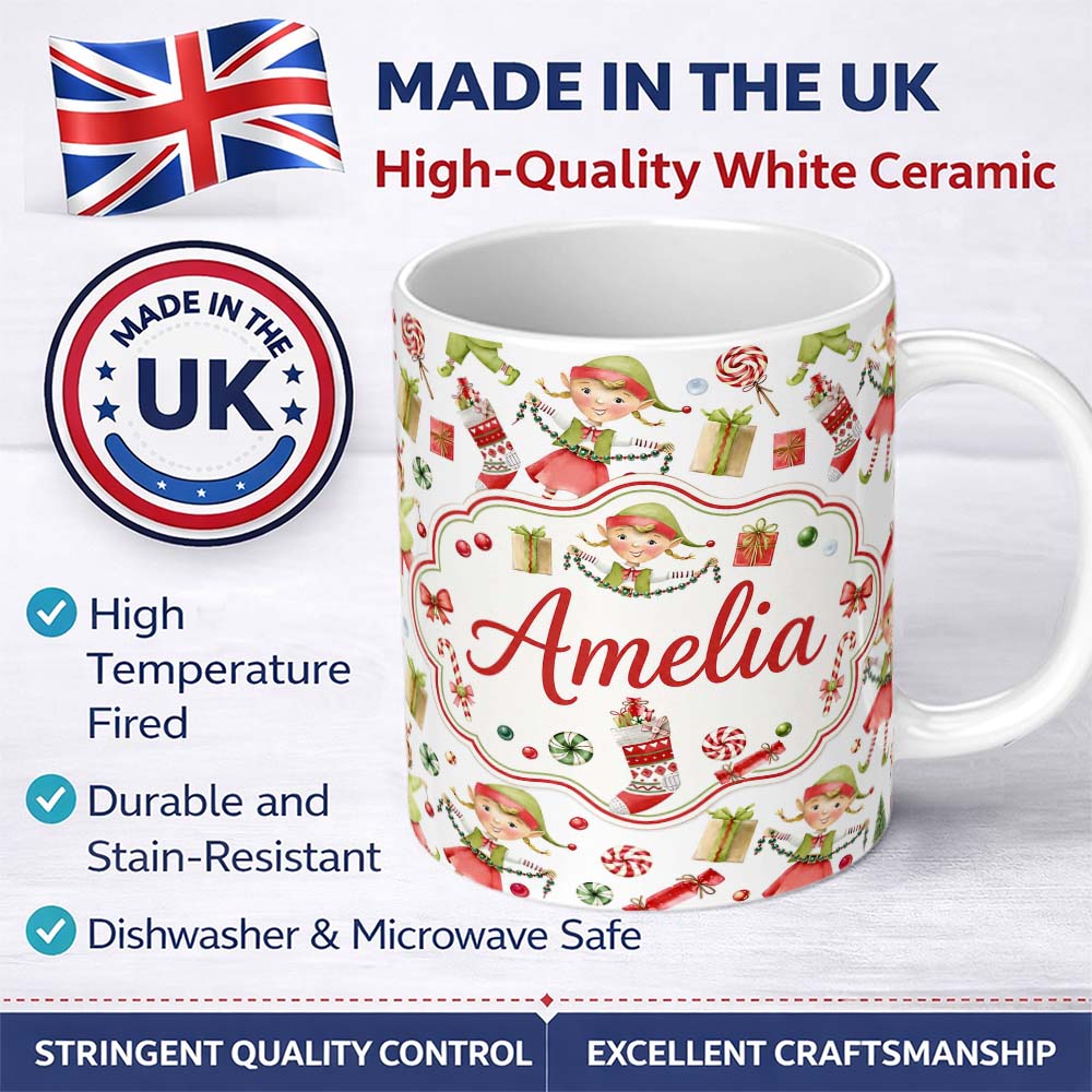 Personalized Custom Name Cute Christmas Elves Candy Cane Gifts Seamless Pattern Lovely 11oz Ceramic Coffee Tea Mug White Large Handle