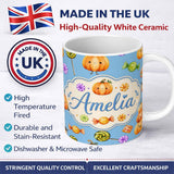 Personalized Custom Name Cute Watercolor Pumpkins and Candy Sweets on Purple Background 11oz Ceramic Coffee Tea Mug White Large Handle