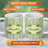 Personalized Custom Name Green Avocado Pear Seamless Pattern Bright Botanical Fruit Lovely 11oz Ceramic Coffee Tea Mug White Large Handle