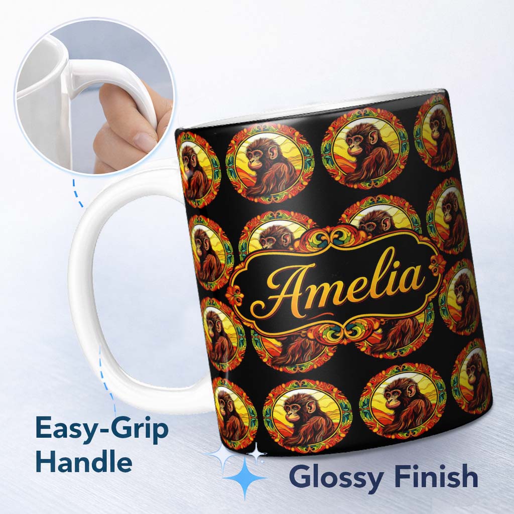 Personalized Custom Name Psychedelic Colourful Monkey Portrait in Circular Frame on Black 11oz Ceramic Coffee Tea Mug White Large Handle