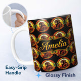 Personalized Custom Name Psychedelic Colourful Monkey Portrait in Circular Frame on Black 11oz Ceramic Coffee Tea Mug White Large Handle