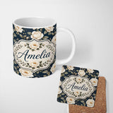 Personalized Custom Name Elegant Beige Roses on Black Floral Seamless Pattern Lovely 11oz Ceramic Coffee Tea Mug White Large Handle