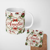 Personalized Custom Name Playful Christmas Elves Gifts Candy Cane Festive Seamless Pattern 11oz Ceramic Coffee Tea Mug White Large Handle