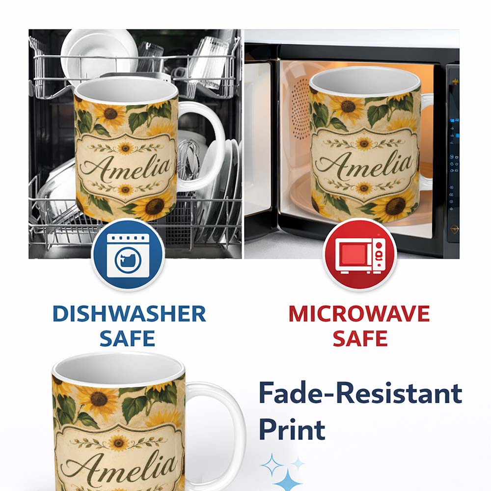 Personalized Custom Name Classic Sunflower Botanical on Soft Neutral Background Seamless 11oz Ceramic Coffee Tea Mug White Large Handle