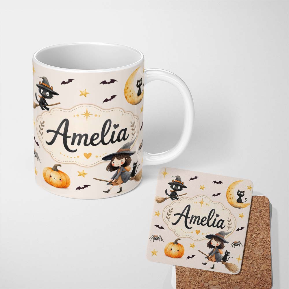 Personalized Custom Name Halloween Witch Cat Moon Stars Spooky Night Beige Seamless Pattern 11oz Ceramic Coffee Tea Mug White Large Handle