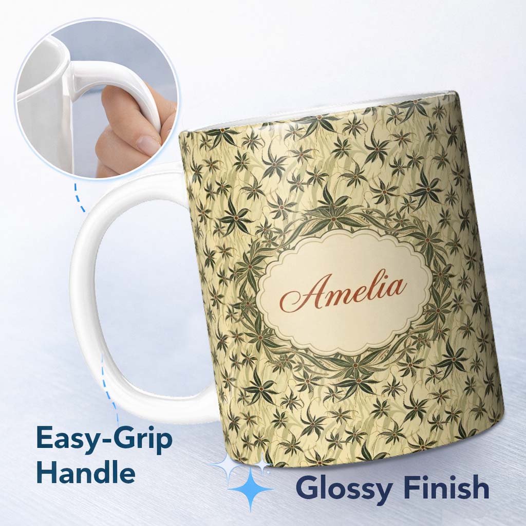 Personalized Custom Name Delicate Beige Floral Star Vine Seamless Pattern Cute Unique Gift 11oz Ceramic Coffee Tea Mug White Large Handle