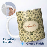 Personalized Custom Name Delicate Beige Floral Star Vine Seamless Pattern Cute Unique Gift 11oz Ceramic Coffee Tea Mug White Large Handle