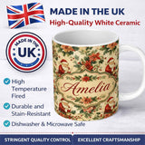 Personalized Custom Name Vintage Santa Claus Holly Leaves Floral Christmas Seamless Pattern 11oz Ceramic Coffee Tea Mug White Large Handle