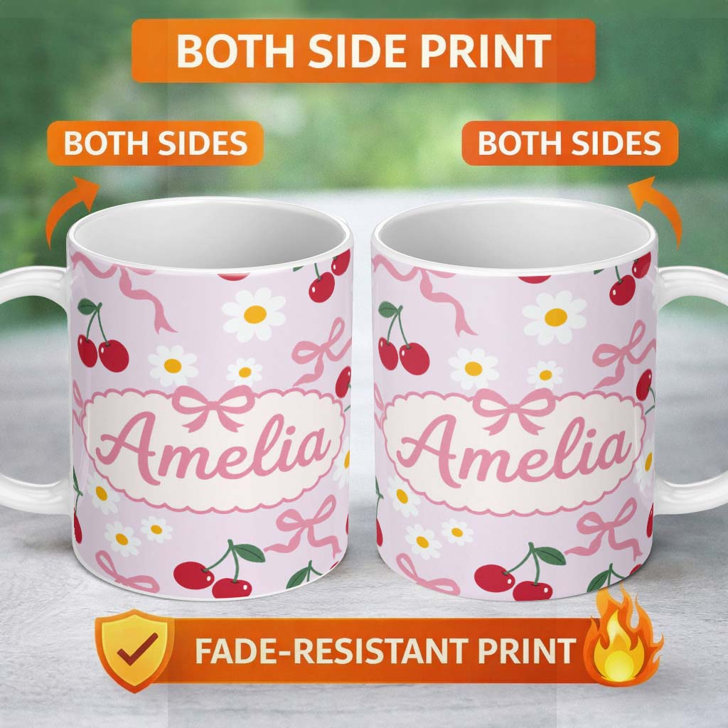 Personalized Custom Name Cute Cherry Bow and Daisy Seamless Pattern on Lavender Lovely 11oz Ceramic Coffee Tea Mug White Large Handle