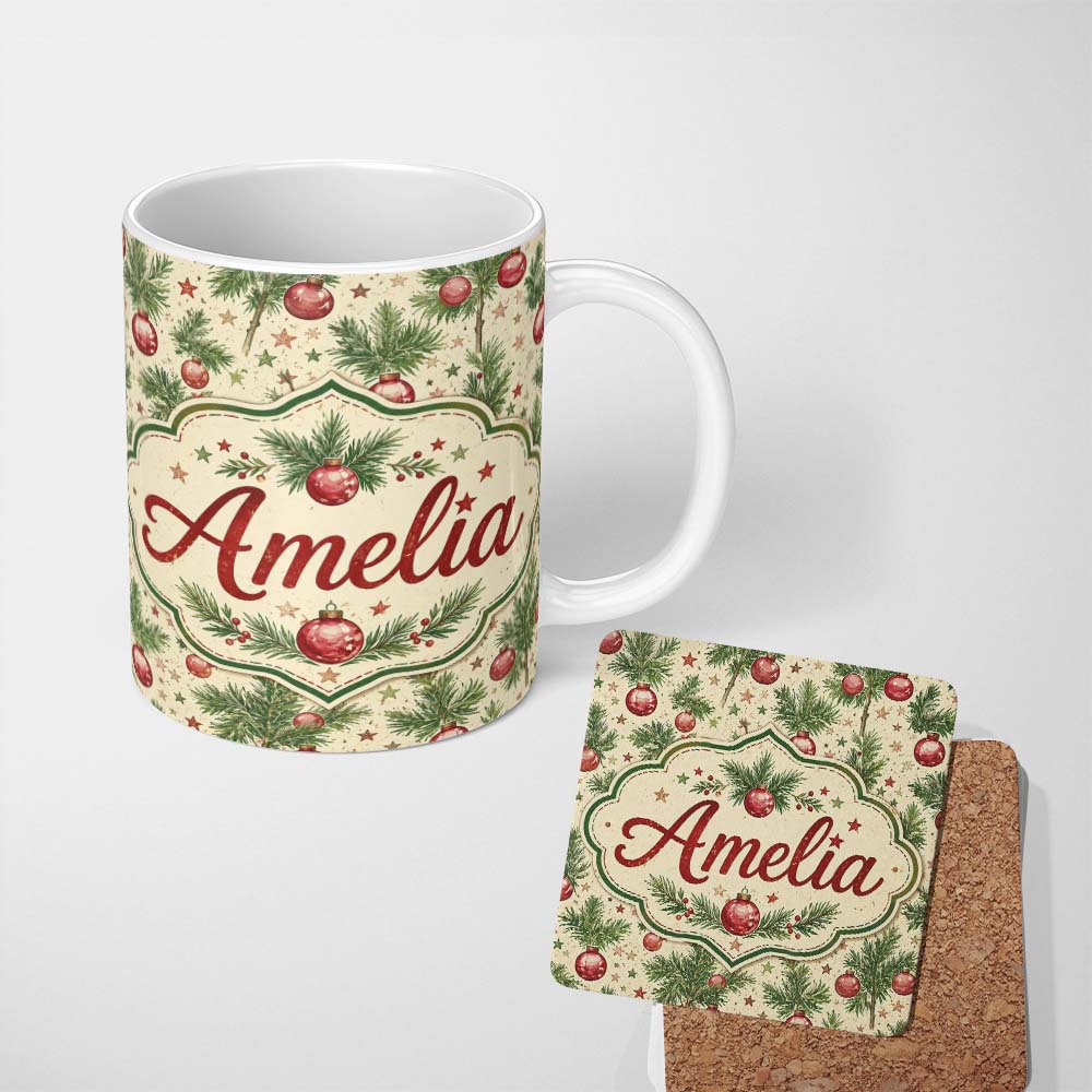 Personalized Custom Name Christmas Pine Branches Red Baubles and Stars Seamless Pattern 11oz Ceramic Coffee Tea Mug White Large Handle