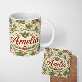Personalized Custom Name Christmas Pine Branches Red Baubles and Stars Seamless Pattern 11oz Ceramic Coffee Tea Mug White Large Handle
