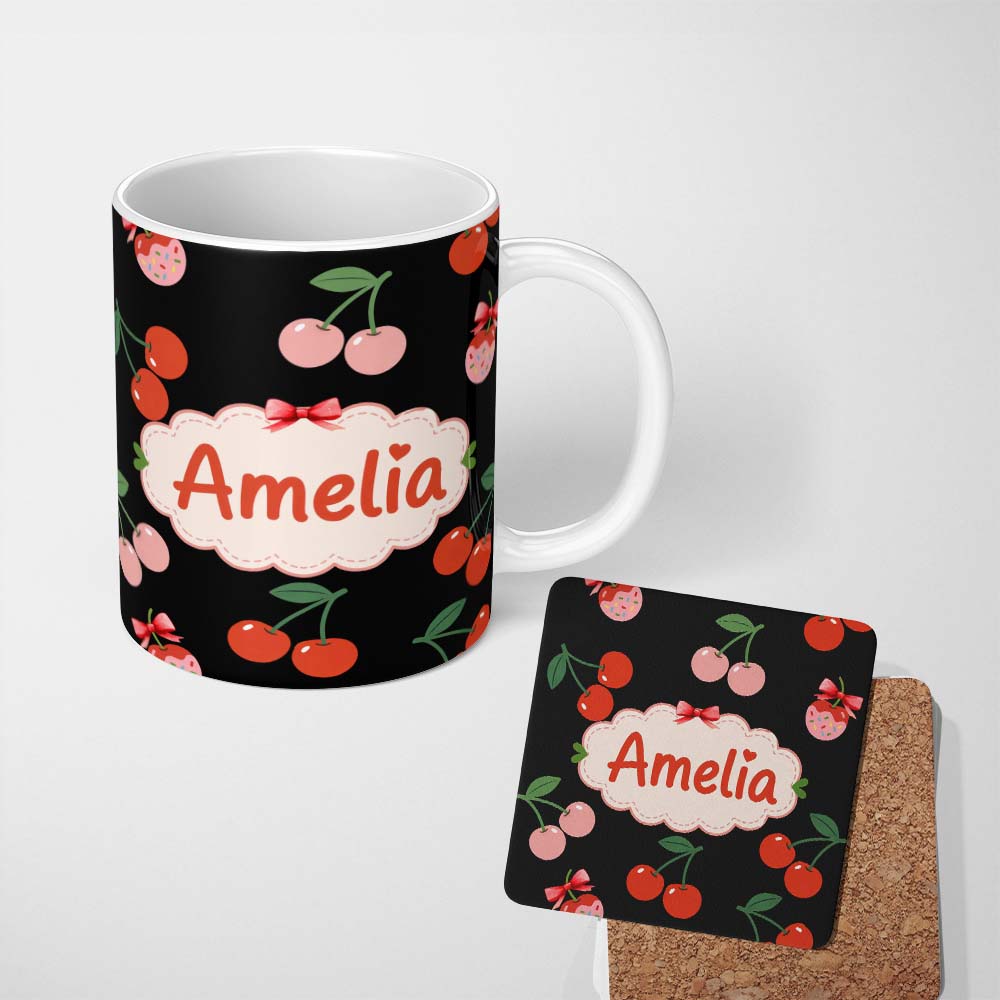 Personalized Custom Name Cherry Fruit Vertical Stripe Soft Pastel Background Seamless Pattern 11oz Ceramic Coffee Tea Mug White Large Handle