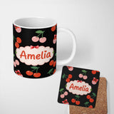 Personalized Custom Name Cherry Fruit Vertical Stripe Soft Pastel Background Seamless Pattern 11oz Ceramic Coffee Tea Mug White Large Handle