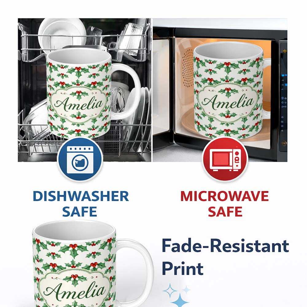 Personalized Custom Name Classic Holly Leaves Red Berries Festive Seamless Pattern Lovely 11oz Ceramic Coffee Tea Mug White Large Handle