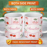 Personalized Custom Name Cherry Fruit Vertical Stripe Pink Background Seamless Pattern Lovely 11oz Ceramic Coffee Tea Mug White Large Handle
