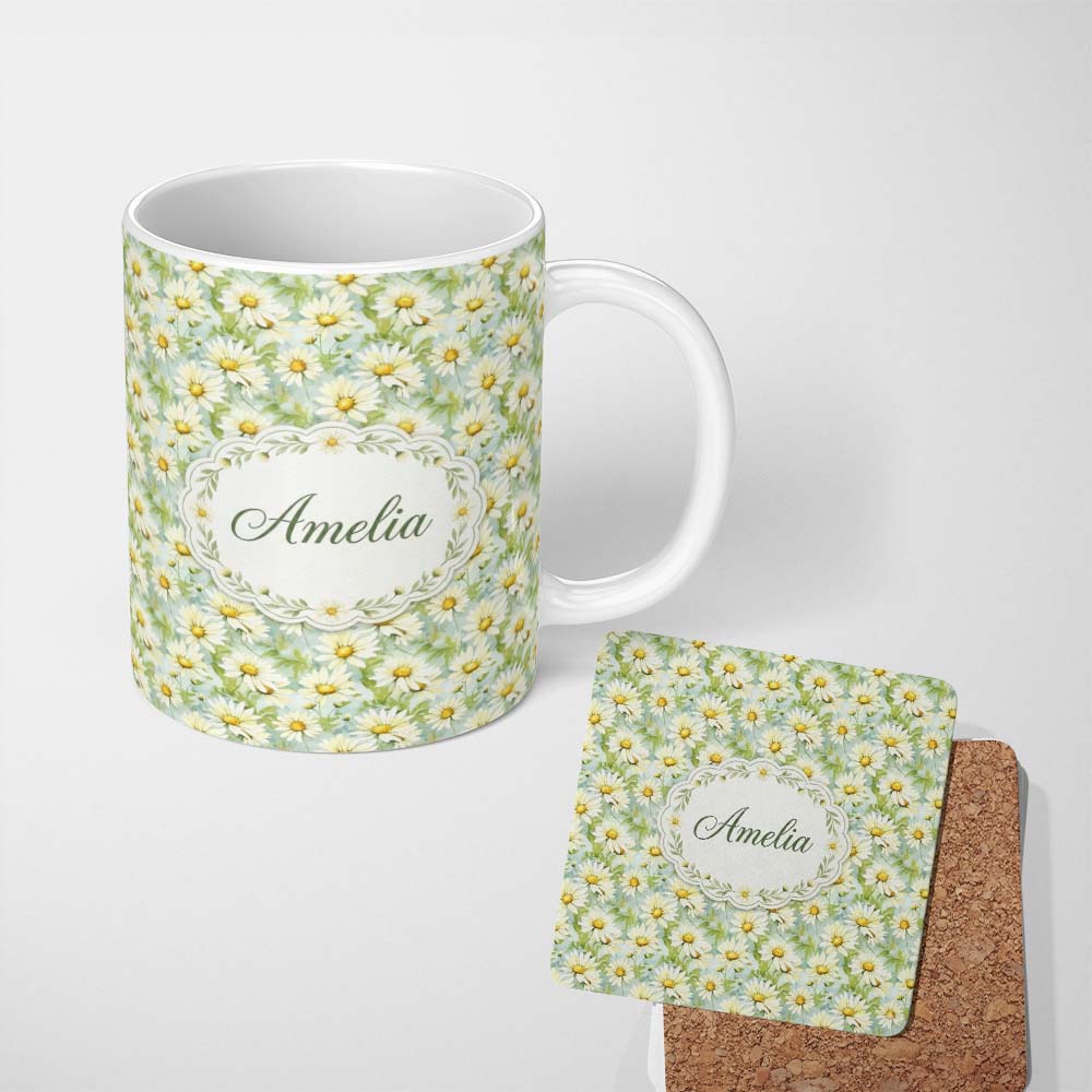 Personalized Custom Name Fresh Green Watercolor Daisy Floral Seamless Pattern Lovely 11oz Ceramic Coffee Tea Mug White Large Handle