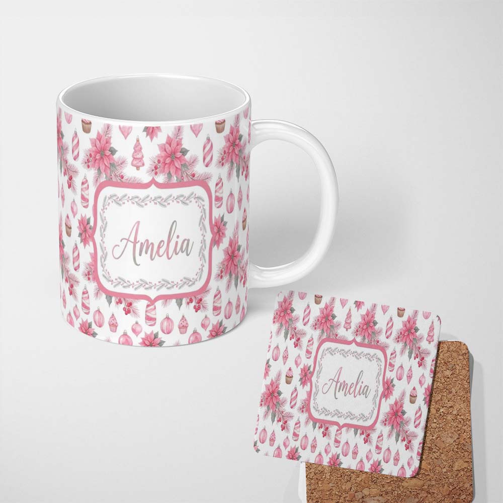 Personalized Custom Name Elegant Pink Christmas Ornaments Holly Leaves Watercolor Seamless 11oz Ceramic Coffee Tea Mug White Large Handle