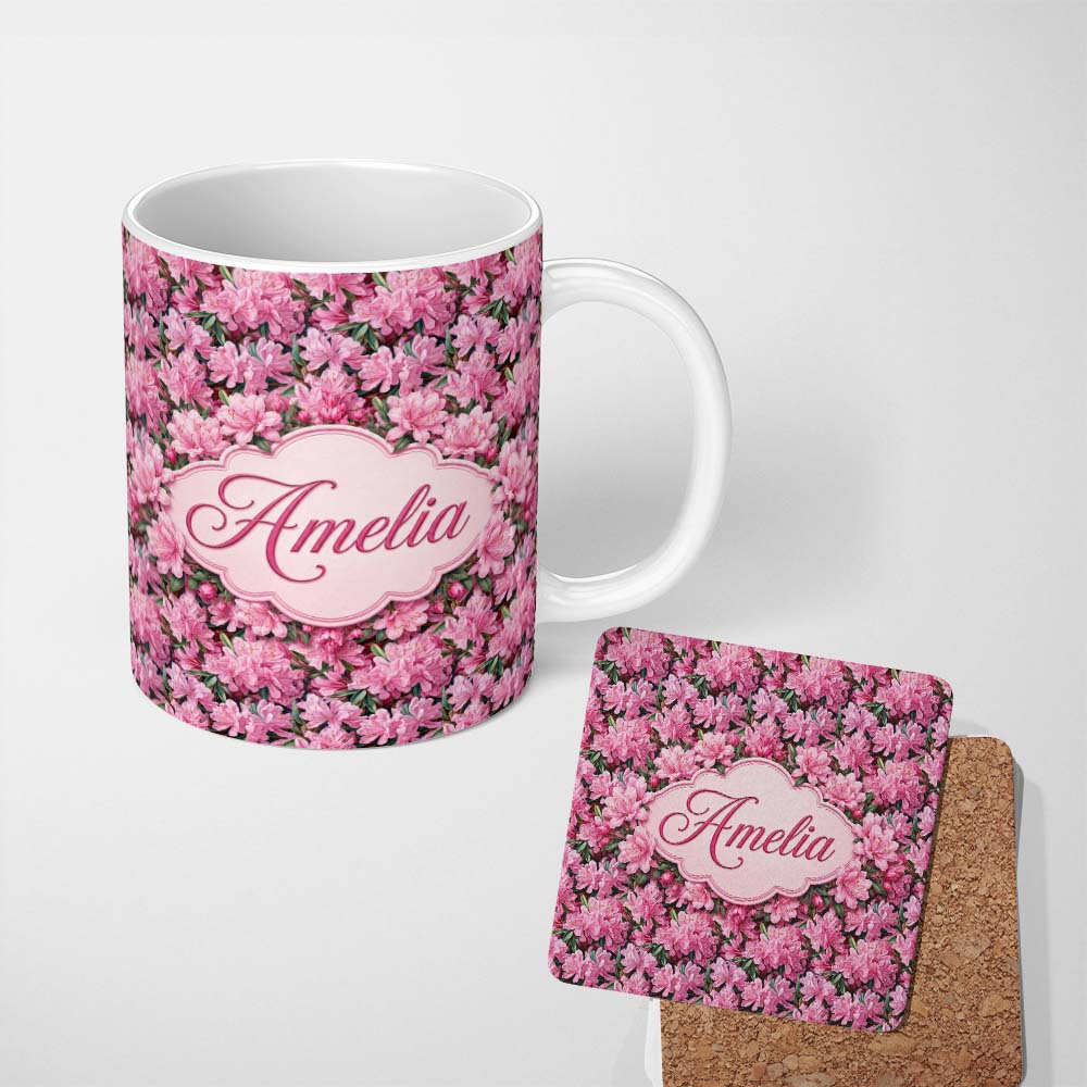 Personalized Custom Name Bright Pink Floral Bloom Dense Botanical Seamless Pattern Lovely 11oz Ceramic Coffee Tea Mug White Large Handle