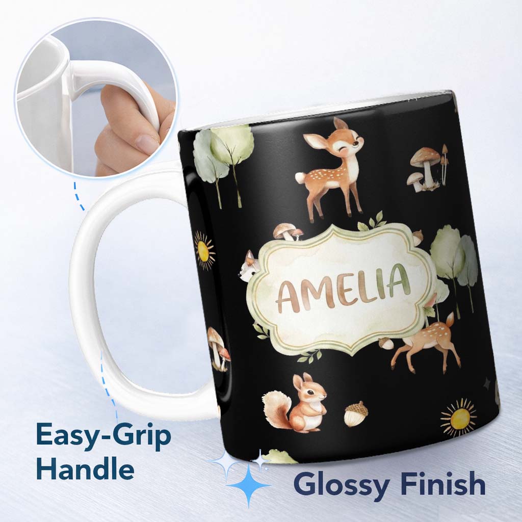 Personalized Custom Name Woodland Deer Fox Trees Mushrooms Sun Animals White Seamless 11oz Ceramic Coffee Tea Mug White Large Handle