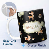 Personalized Custom Name Woodland Deer Fox Trees Mushrooms Sun Animals White Seamless 11oz Ceramic Coffee Tea Mug White Large Handle