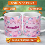 Personalized Custom Name Kawaii Jellyfish Puffer Fish Starfish Pastel Ocean Creatures Rose 11oz Ceramic Coffee Tea Mug White Large Handle
