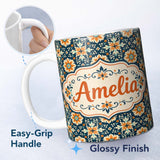 Personalized Custom Name Beige Brown Vintage Floral Tile Classic Seamless Pattern Lovely 11oz Ceramic Coffee Tea Mug White Large Handle