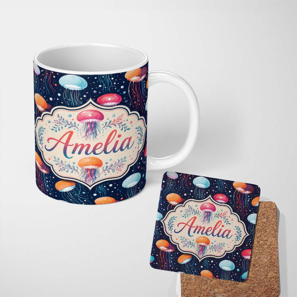 Personalized Custom Name Colorful Cartoon Jellyfish on Dark Navy Background Seamless Fun 11oz Ceramic Coffee Tea Mug White Large Handle