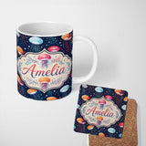 Personalized Custom Name Colorful Cartoon Jellyfish on Dark Navy Background Seamless Fun 11oz Ceramic Coffee Tea Mug White Large Handle