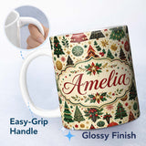 Personalized Custom Name Festive Christmas Trees Stars Baubles Holiday Seamless Pattern 11oz Ceramic Coffee Tea Mug White Large Handle