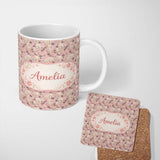 Personalized Custom Name Blonde Chibi Girl Floral Pink Pattern Cute Character Design Lovely 11oz Ceramic Coffee Tea Mug White Large Handle