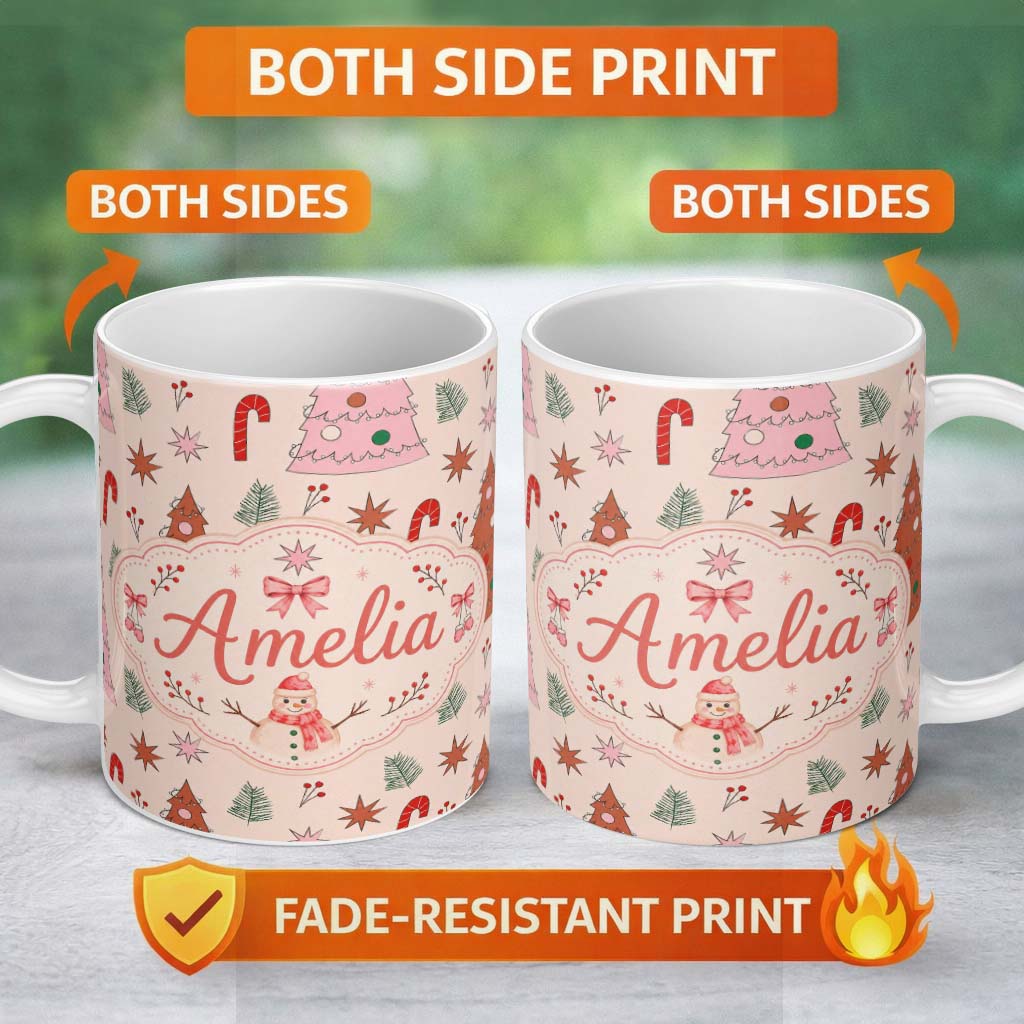 Personalized Custom Name Cute Hand Drawn Christmas Trees Candy Cane Seamless Pattern Lovely 11oz Ceramic Coffee Tea Mug White Large Handle