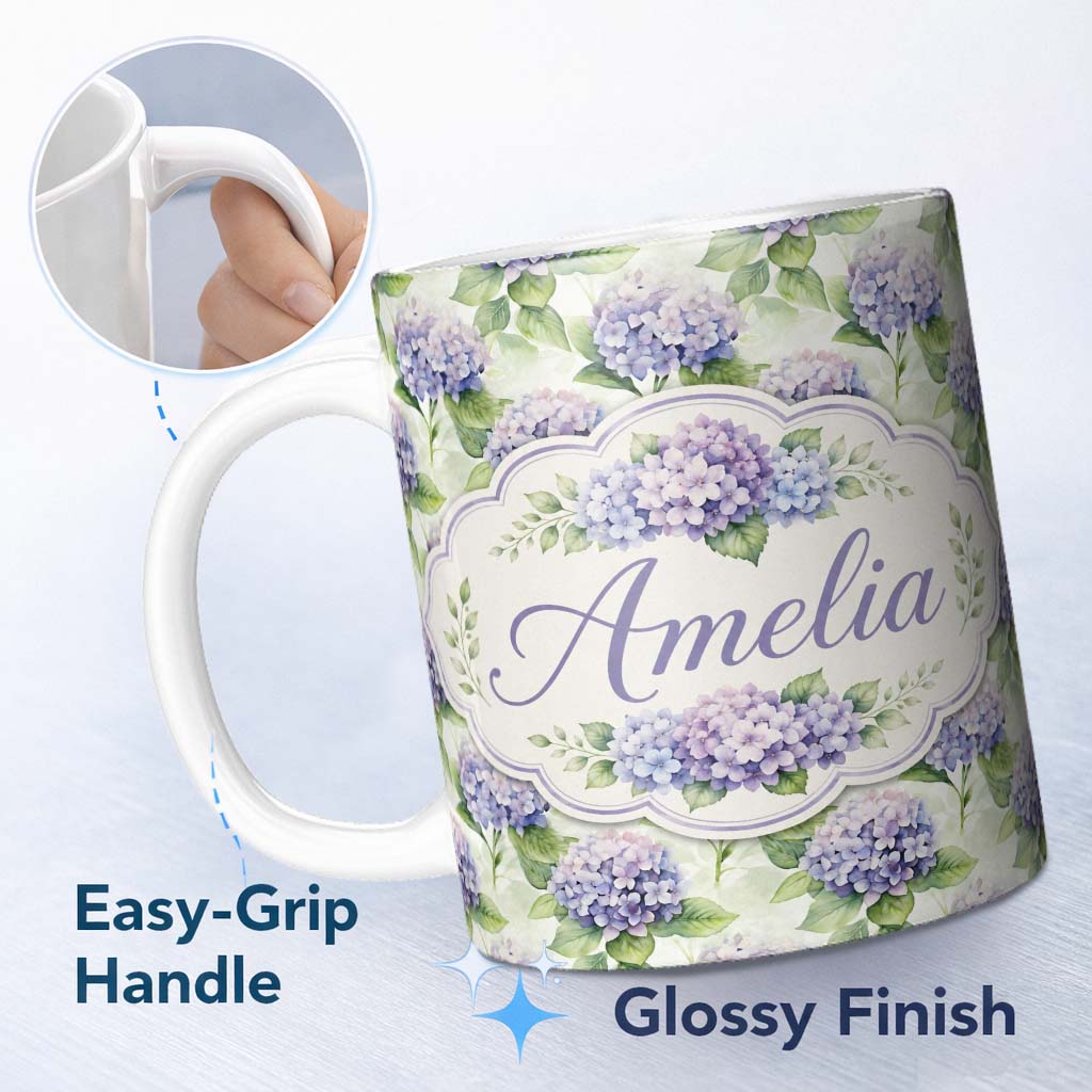 Personalized Custom Name Soft Purple Hydrangea Watercolor Floral Seamless Pattern Lovely 11oz Ceramic Coffee Tea Mug White Large Handle