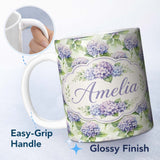 Personalized Custom Name Soft Purple Hydrangea Watercolor Floral Seamless Pattern Lovely 11oz Ceramic Coffee Tea Mug White Large Handle