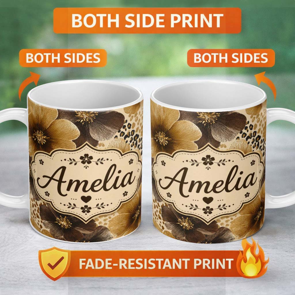 Personalized Custom Name Warm Gold and Brown Floral with Abstract Leopard Spots Textile 11oz Ceramic Coffee Tea Mug White Large Handle