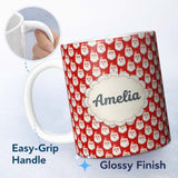 Personalized Custom Name Christmas Santa Face Seamless Pattern Red Festive Holiday Design 11oz Ceramic Coffee Tea Mug White Large Handle