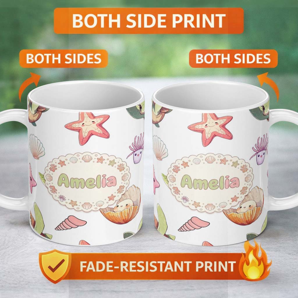 Personalized Custom Name Cute Sea Turtle Starfish Shell Kawaii Ocean Pattern Light Grey 11oz Ceramic Coffee Tea Mug White Large Handle