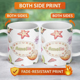 Personalized Custom Name Cute Sea Turtle Starfish Shell Kawaii Ocean Pattern Light Grey 11oz Ceramic Coffee Tea Mug White Large Handle