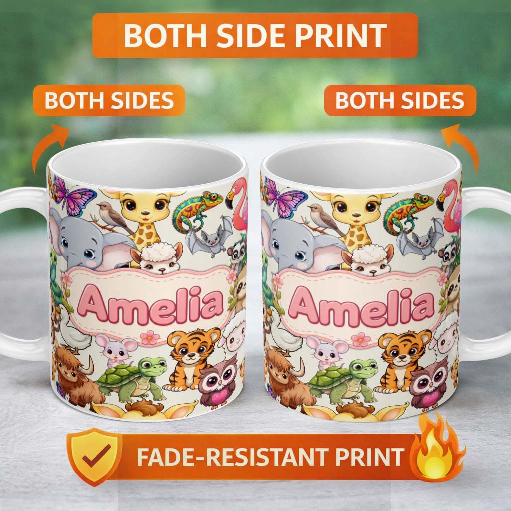 Personalized Custom Name Cute Cartoon Jungle Safari Animals Seamless Pattern on Cream Lovely 11oz Ceramic Coffee Tea Mug White Large Handle