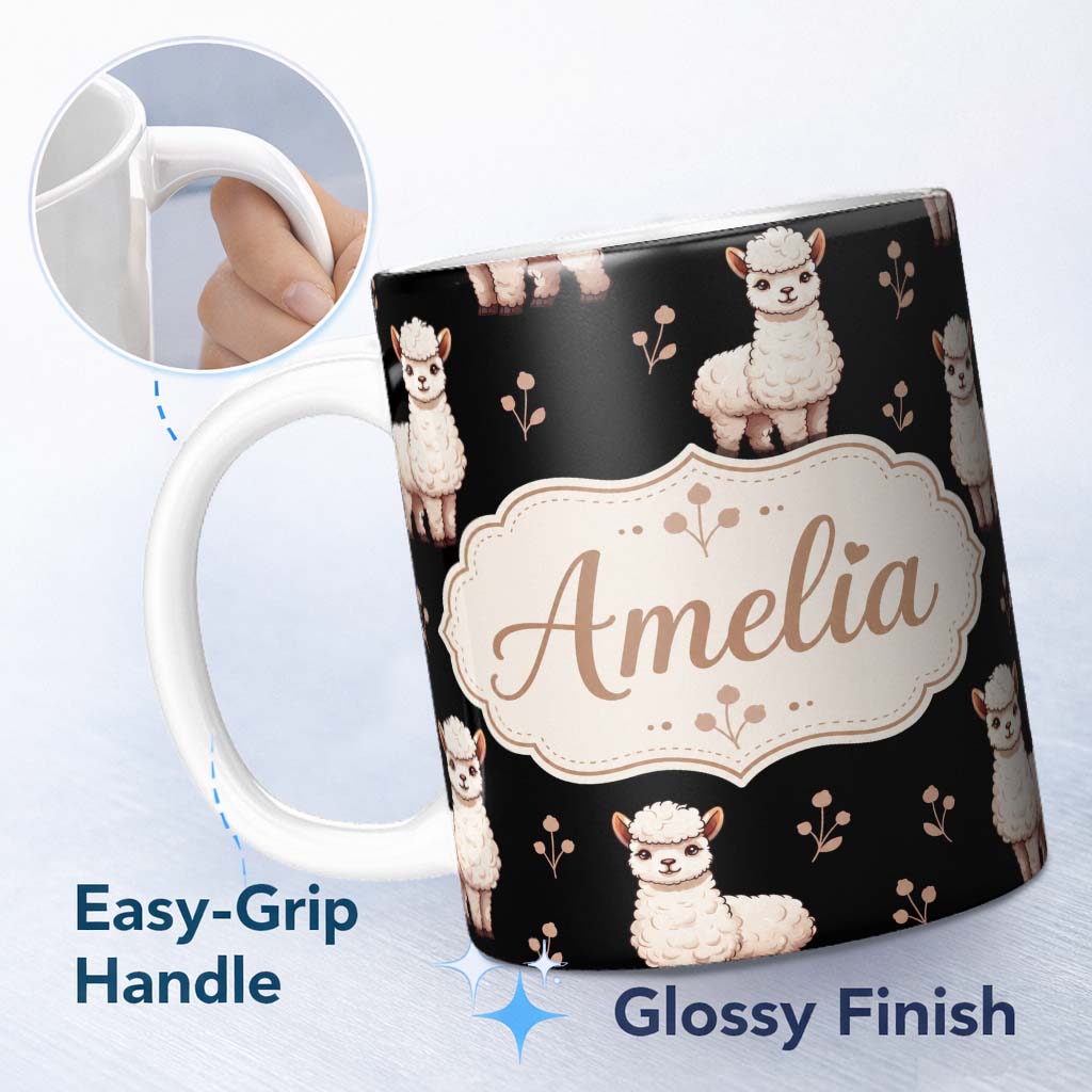 Personalized Custom Name Cute Alpaca Llama Pattern with Floral Sprigs on Black Background 11oz Ceramic Coffee Tea Mug White Large Handle