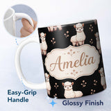 Personalized Custom Name Cute Alpaca Llama Pattern with Floral Sprigs on Black Background 11oz Ceramic Coffee Tea Mug White Large Handle