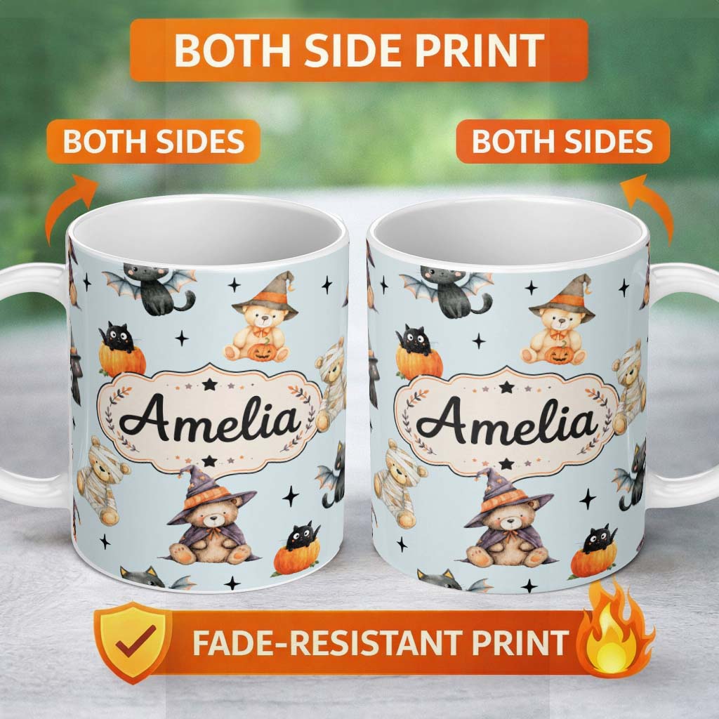 Personalized Custom Name Cute Halloween Teddy Bears Mummy Witch Cat Pumpkin Stars Blue 11oz Ceramic Coffee Tea Mug White Large Handle