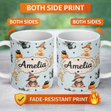 Personalized Custom Name Cute Halloween Teddy Bears Mummy Witch Cat Pumpkin Stars Blue 11oz Ceramic Coffee Tea Mug White Large Handle