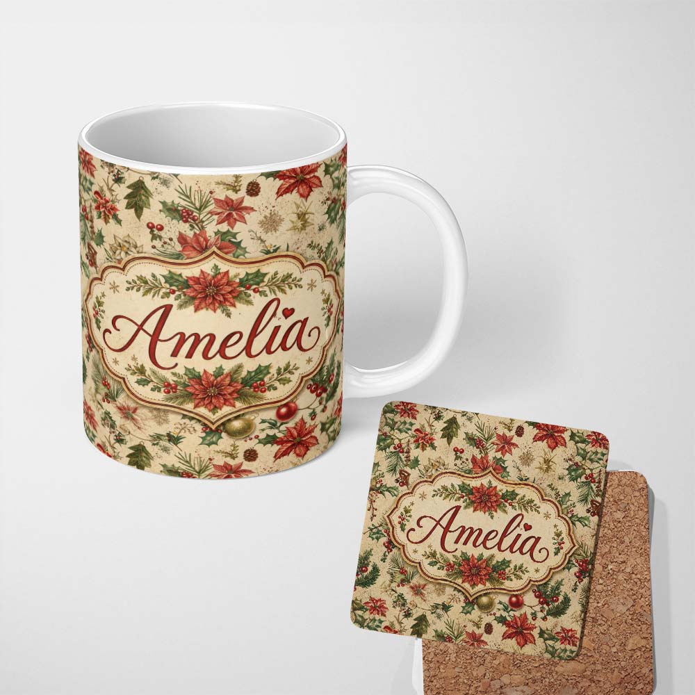 Personalized Custom Name Delicate Christmas Florals Holly Berries Pine Sprigs and Festive 11oz Ceramic Coffee Tea Mug White Large Handle