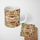 Personalized Custom Name Delicate Christmas Florals Holly Berries Pine Sprigs and Festive 11oz Ceramic Coffee Tea Mug White Large Handle
