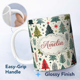 Personalized Custom Name Scandi Christmas Trees Geometric Red Green Snowflakes Seamless 11oz Ceramic Coffee Tea Mug White Large Handle