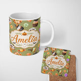 Personalized Custom Name Cute Halloween Donuts Cupcakes Bats Candy and Pumpkins Olive Green 11oz Ceramic Coffee Tea Mug White Large Handle