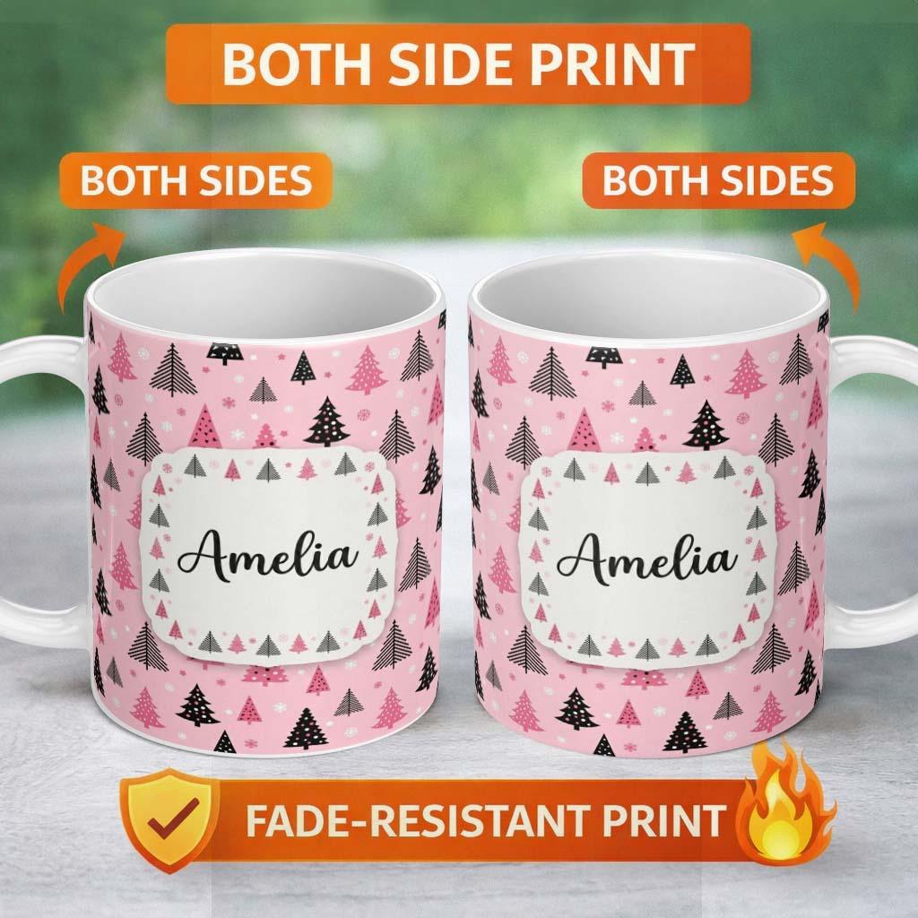 Personalized Custom Name Modern Pink Black Christmas Tree Snowflake Seamless Pattern Lovely 11oz Ceramic Coffee Tea Mug White Large Handle